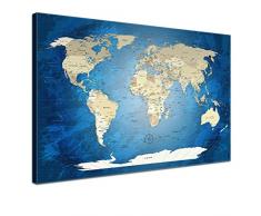 Lana KK - Leinwandbild -Worldmap Blue Ocean Spanisch auf Echtholz-Keilrahmen Weltkarte Fotoleinwand in blau, einteilig & fertig gerahmt in 120 x 80 cm
