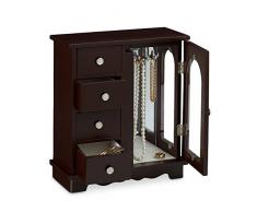 Relaxdays Schmuckkästchen mit Tür HxBxT: ca. 30 x 26 x 11 cm großer Schmuckkasten mit 4 Fächern Schmuckschrank aus Holz mit Schubladen und Spiegel Schränkchen mit Schmuckhalter für Ketten, dunkelbraun