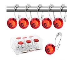 BEAVO Dekorative Duschvorhang-Haken, 12 Stück Doppelgleiter-Duschringe Edelstahl rostfrei Duschhaken Ring mit Acryl-Strasssteinen für Badezimmer Duschstangen Crystal Hooks rot
