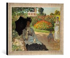 Gerahmtes Bild von Claude Monet Camille Monet mit Sohn und Kindermädchen im Garten, Kunstdruck im hochwertigen handgefertigten Bilder-Rahmen, 40x30 cm, Silber Raya