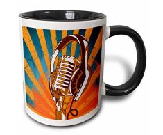 3dRose Mic Mikrofon und Kopfhörer im Grunge Halftone Strahlen Hintergrundmusik für Design-Two Ton, schwarz, Becher, Keramik, Schwarz/Weiß, 10.16 cm x 7,62 x-Uhr