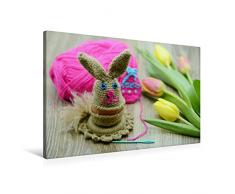Premium Textil-Leinwand 90 x 60 cm Quer-Format Niedlicher Osterhase als Eierbecher mit Häkelgarn und Strauß Tulpen | Wandbild, HD-Bild auf Keilrahmen, Fertigbild auf hochwertigem Vlies, Leinwanddruck von Anja Frost