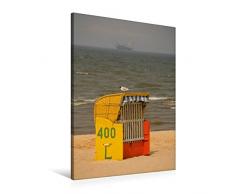 Premium Textil-Leinwand 60 x 90 cm Hoch-Format Strandkorb mit Möwe | Wandbild, HD-Bild auf Keilrahmen, Fertigbild auf hochwertigem Vlies, Leinwanddruck von Martina Berg