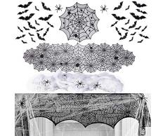 asvgdfjnryh 40 Stück Halloween Deko inkl. Spitze Spinnennetz Tischläufer weiß Spinnennetz Tischdecke Kaminschal und 35 Stück 3D Fledermaus-Wandaufkleber Aufkleber