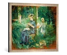 Gerahmtes Bild von Berthe Morisot Handarbeitende Junge Frau im Garten, Kunstdruck im hochwertigen handgefertigten Bilder-Rahmen, 70x50 cm, Silber Raya