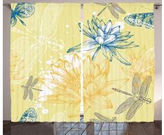 ambesonne Country Decor Kollektion, Boho Stil Strukturierte Precious Pflanzen und Spirituelle Libellen Sketchy Illustration, Wohnzimmer Schlafzimmer Vorhang 2 Platten Set, 274,3 x 213,4 cm, gelb blau