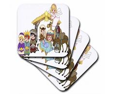 3dRose CST_217091_3 Keramik-Fliesen-Untersetzer, niedliche Krippe mit DREI Königen und Engel-Illustration, 4 Stück