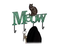 Relaxdays Wandgarderobe, 4 Haken, Katze und Meow-Schriftzug, Gusseisen, antik, Wandmontage, HBT 21x28x4 cm, grün/schwarz, 1 Stück