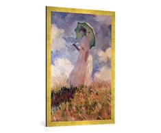 Gerahmtes Bild von Claude Monet Frau mit Sonnenschirm, nach Links gewendet, Suzanne Hoschedé, Kunstdruck im hochwertigen handgefertigten Bilder-Rahmen, 70x100 cm, Gold Raya