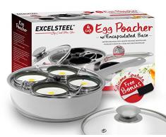 ExcelSteel 521 Antihaft-Pochierer für Eierkocher, rostbeständig, für Zuhause, Küche, Frühstück, Brunch Induktion, 4 Tassen, 18/10 Edelstahl