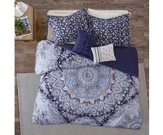 Bettwäsche-Set mit intelligentem Design, Bohemian-Stil, Übergröße, Mandala, Medaillon, Blumendruck, gebürstete Rückseite, ultraweich, Knopfverschluss, Eckbänder Twin/Twin XL blau
