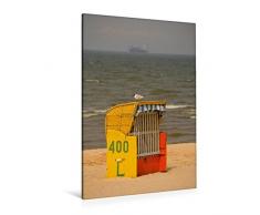 Premium Textil-Leinwand 80 x 120 cm Hoch-Format Strandkorb mit Möwe | Wandbild, HD-Bild auf Keilrahmen, Fertigbild auf hochwertigem Vlies, Leinwanddruck von Martina Berg