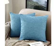 MERNETTE Dekorativer quadratischer Kissenbezug aus Baumwollleinen-Mischgewebe, Dekoration, für Sofa, Couch Bett, Stuhl 22x22 blau