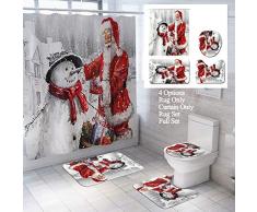 Fashion&Man Fröhliche Weihnachten Duschvorhänge Textil Duschvorhang aus Polyester, Wasserdicht, Anti-Schimmel Anti-Bakteriell, Badematten Set Toilettenmatte, 4 Stück, Weihnachtsmann und Schneemann