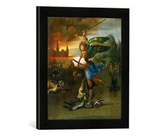 Gerahmtes Bild von RaffaelDer Erzengel Michael im Kampf mit dem Drachen, Kunstdruck im hochwertigen handgefertigten Bilder-Rahmen, 30x40 cm, Schwarz matt
