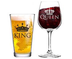 King Bier Queen Wein Glas 16 Oz Pint-Glas, 12,75 oz Wein Glas – Cool Geschenk Idee für Hochzeit, Jahrestag, frisch vermählte und Paare (Set von 2)