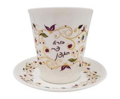 Talisman4U Kiddush Tasse und Tablett aus Porzellan für Shabbat Blumendesign Judaica Geschenk
