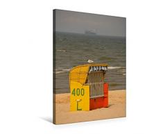 Premium Textil-Leinwand 50 x 75 cm Hoch-Format Strandkorb mit Möwe | Wandbild, HD-Bild auf Keilrahmen, Fertigbild auf hochwertigem Vlies, Leinwanddruck von Martina Berg