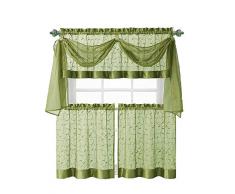 Leinen Leaf bestickt Sheer Küche Vorhang Set – Farben sortiert graugrün