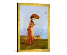 Gerahmtes Bild von Valentine Cameron Prinsep Frau mit Sonnenschirm am Strand der Insel Wight, ein Buch lesend - Emily Prinsep, Kunstdruck im hochwertigen handgefertigten Bilder-Rahmen, 70x50 cm, Gold Raya