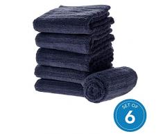 iDesign 6er-Set Handtücher, kleines Handtuch mit Streifenstruktur aus Baumwolle, weiches und saugfähiges Handtuch Set mit Aufhänger für Waschbecken und Gäste-WC, dunkelblau