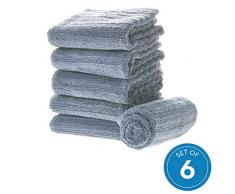 iDesign 6er-Set Handtücher, kleines Handtuch mit Streifenstruktur aus Baumwolle, weiches und saugfähiges Handtuch Set mit Aufhänger für Waschbecken und Gäste-WC, rauchblau