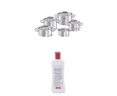 Fissler Topfset original-profi collection – 5-teilig – Edelstahl Kochtopf Set – mit Stielkasserolle ohne Deckel – Kochtöpfe + Edelstahl-Reiniger – Hochwertiges Reinigungsmittel für Edelstahl