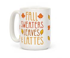 LookHUMAN Fall Pullover Blätter & Lattes Weiß 15 Unze Keramik Kaffee Becher