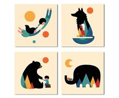 Meigan Art Wandbild für Kinderzimmer, Motiv: Waldtiere, 4-teiliges Set rot
