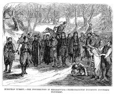 Herzegovina Uprising 1875 Nbashi-Bazouk Soldaten Escorting Insurgent Gefangene während der Herzegowina Uprising gegen Ottomane Rule 1875 Zeitgenössische Holz-Gravur Poster Druck von 61 x 91 cm