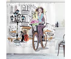 Ambesonne Fashion House Decor Duschvorhang, Mädchen mit Fahrrad und Rosen in einer Straße Old Town Musiker Romantic Tour in City Stoff Badezimmer Decor Set mit Haken, 213 cm extra lang, Pink