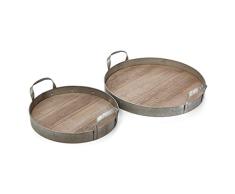 Benzara BM186575 Dekoratives Tablett aus Metall und Holz, rund, Grau und Braun
