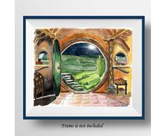 7Dots Art. Ein Hobbit-Loch. Aquarell-Poster in Doppelgröße, A4, verstellbar bis 20,3 x 25,4 cm, auf Fine Art Dickes Aquarellpapier für Wohnzimmer, Schlafzimmer, Badezimmer. Wanddekoration.