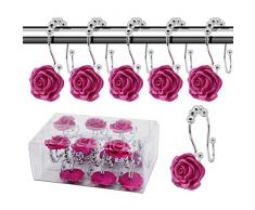 BEAVO Dekorative Duschvorhang-Haken, 12 Stück Doppelgleiter-Duschringe Edelstahl rostfrei Duschhaken Ring mit Acryl-Strasssteinen für Badezimmer Duschstangen Rose Hooks rosarot