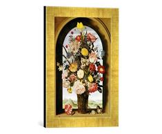 Gerahmtes Bild von Ambrosius Bosschaert Blumenstrauß im Fenster, Kunstdruck im hochwertigen handgefertigten Bilder-Rahmen, 30x40 cm, Gold Raya