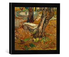 Gerahmtes Bild von Vincent Van Gogh Steinbank im Garten des Hospitals Saint-Paul, Kunstdruck im hochwertigen handgefertigten Bilder-Rahmen, 30x30 cm, Schwarz matt