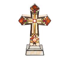 Lumilamp 5LL-5189 Tischleuchte Tischlampe Tiffany Stil Kreuz Figurlampe 22 * 13 * 35 cm / E14 / Max. 2x7 Watt handgefertigt Glasschirm dekoratives Buntglas Retro Antik Stil