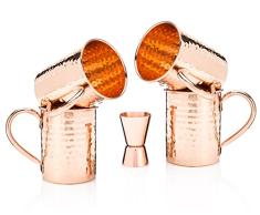 Copperworks Moscow Mule Copper Mugs Set of 4 Classic Hammered- Four 16oz Handmade 100% Copper Moscow Mule Mugs with No Inner Lining - Includes Bonus Copper Double Jigger and Cocktail Recipe Cards by Copperworks Goods