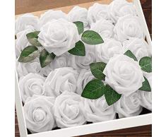 Higfra Künstliche Rosen, 25 Stück, echt aussehende Schaumstoff-Rosen mit Stielblättern für DIY Dekoration Hochzeit Tischdekoration Blumensträuße Kuchen Blumen weiß