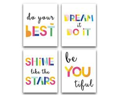 ChdiTB Kunstdruck, ungerahmt, Aquarell-Wörter, Typographie, inspirierendes Zitat und Spruch, 4-teiliges Set (20,3 x 25,4 cm) Leinwand, Motivationsposter für Kinderzimmer oder Kinderzimmer, moderne Dekoration