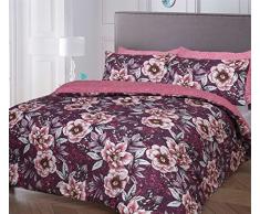 Sleepdown Bettbezug und Kissenbezug, florales Design, wendbar, Blumenmuster, Pflaume, Doppelbett