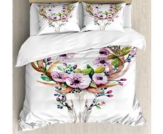 Totenkopf Bettbezug Set by ambesonne, Deer Animal Skull mit Floral Hörner natur inspiriert Dead und Living Kunstdruck, Deko-Bettwäsche-Set mit kissenrollen, creme rosa braun, Textil, Multi 1, King Size