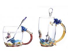 bestbling Creative Dekoration Emaille Blumen Kristall klar Glas Kaffee Tee Wasser Milch Tasse 2 Stück in 1 Geschenk-Box blau/rosa
