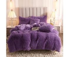 Uhamho Kunstfell-Samt Flauschiges Bettwäsche-Set Daunenbettdecke mit Kissenbezügen, sehr weich, warm und langlebig Modern King violett
