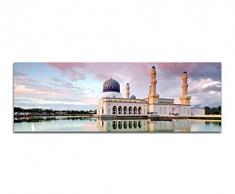 Panoramabild auf Leinwand und Keilrahmen 150x50cm Malaysia Moschee Wolken Wasser Spiegelung