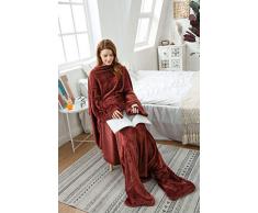 Winthome Lange Fleecedecke mit Ärmeln und Fußtaschen, tragbare Decke für Erwachsene, kuschelig, weich, warm, praktisch, Flanell, coffee, 140x180cm