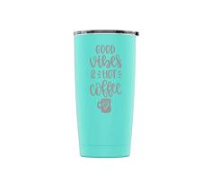 Distinct and Unique Stainless Steel Powder Coated 20 oz Tumbler Splash Proof Lid 2 Straws, Triple Wall Vacuum Insulated, Mug Coffee Cup Travel, Camping, Work, Gym Hot Cold Drinks (Teal, Good Vibes)
