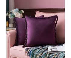 MIULEE Kissenhülle für Sofas, Bett, Samt, weich, dekorativ, mit Quasten, Fransen, Boho, 2 Stück 18x18 violett