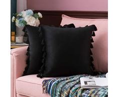 MIULEE Kissenhülle für Sofas, Bett, Samt, weich, dekorativ, mit Quasten, Fransen, Boho, 2 Stück 18x18 schwarz