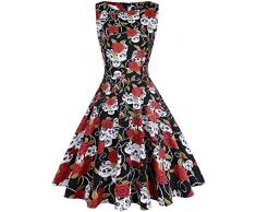 Oten Damen Vintage 1950er Tee Kleid Floral Frühling Garten Party Rockabilly Cocktail Swing Kleider - Schwarz - Small